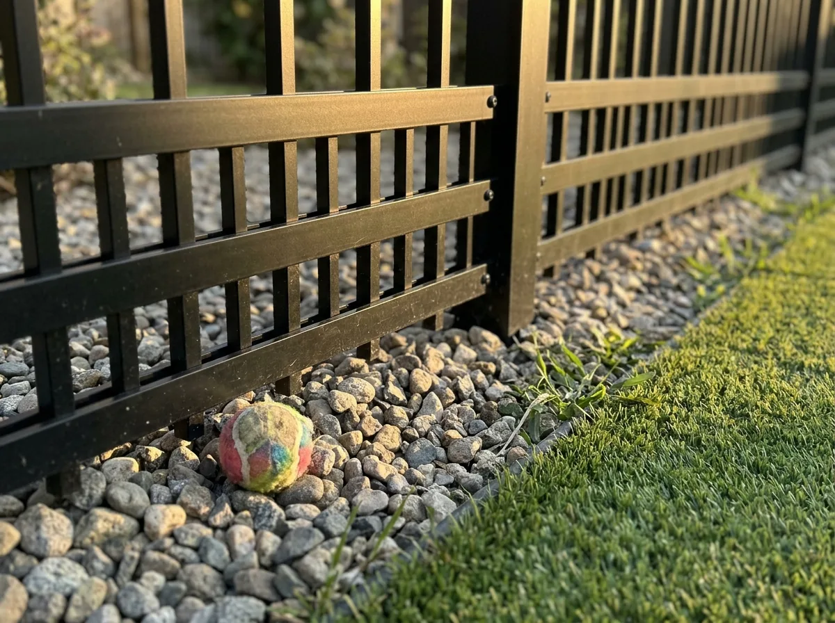 Close view of an aluminum fence with tightly spaced short pickets between the bottom two rails