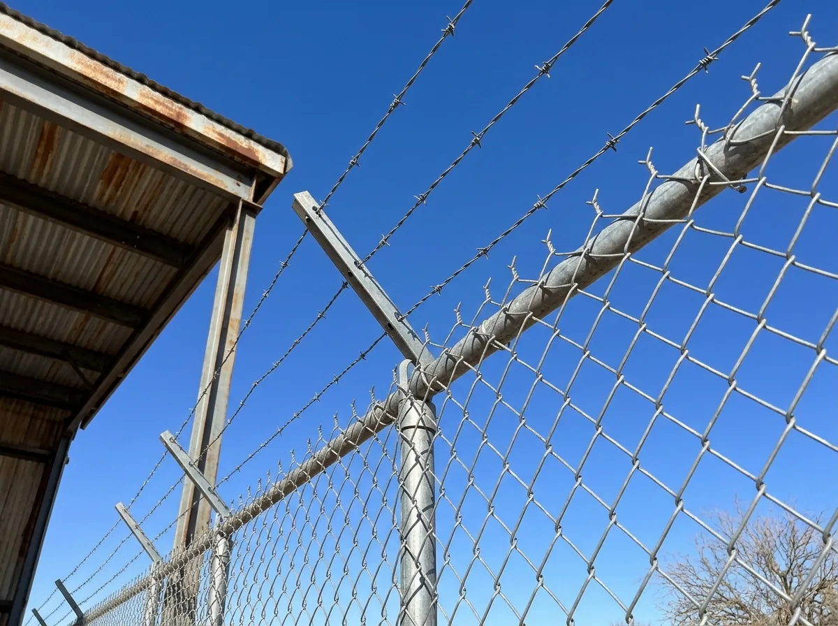 Barbed wire strands on V-shaped arms along the top of a chain link security fence