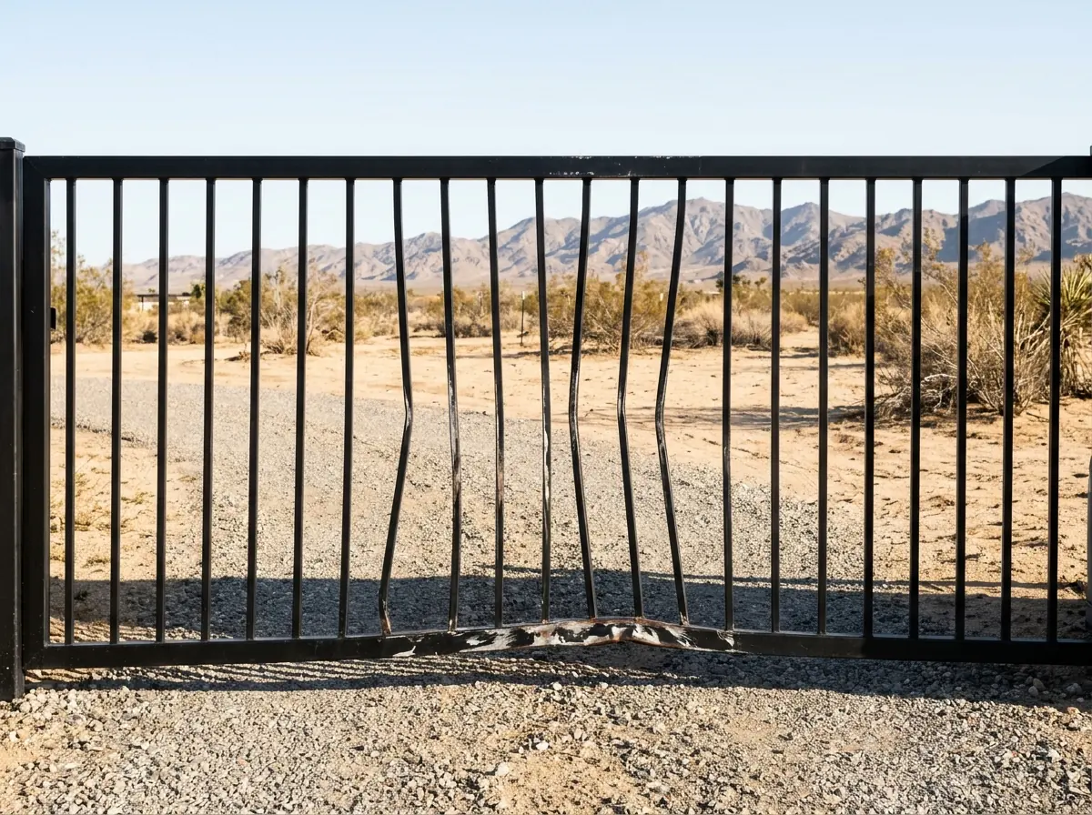 A black steel driveway gate with a bent lower rail and twisted pickets from an impact