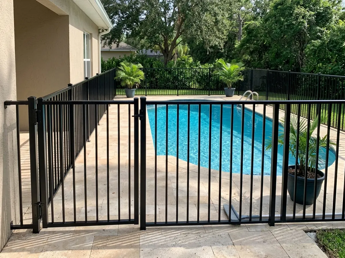 A black aluminum picket fence with a self-closing gate around a backyard pool