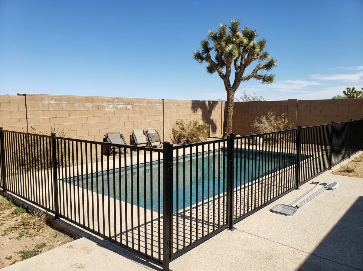 A black aluminum pool enclosure with vertical pickets around a backyard pool and concrete deck