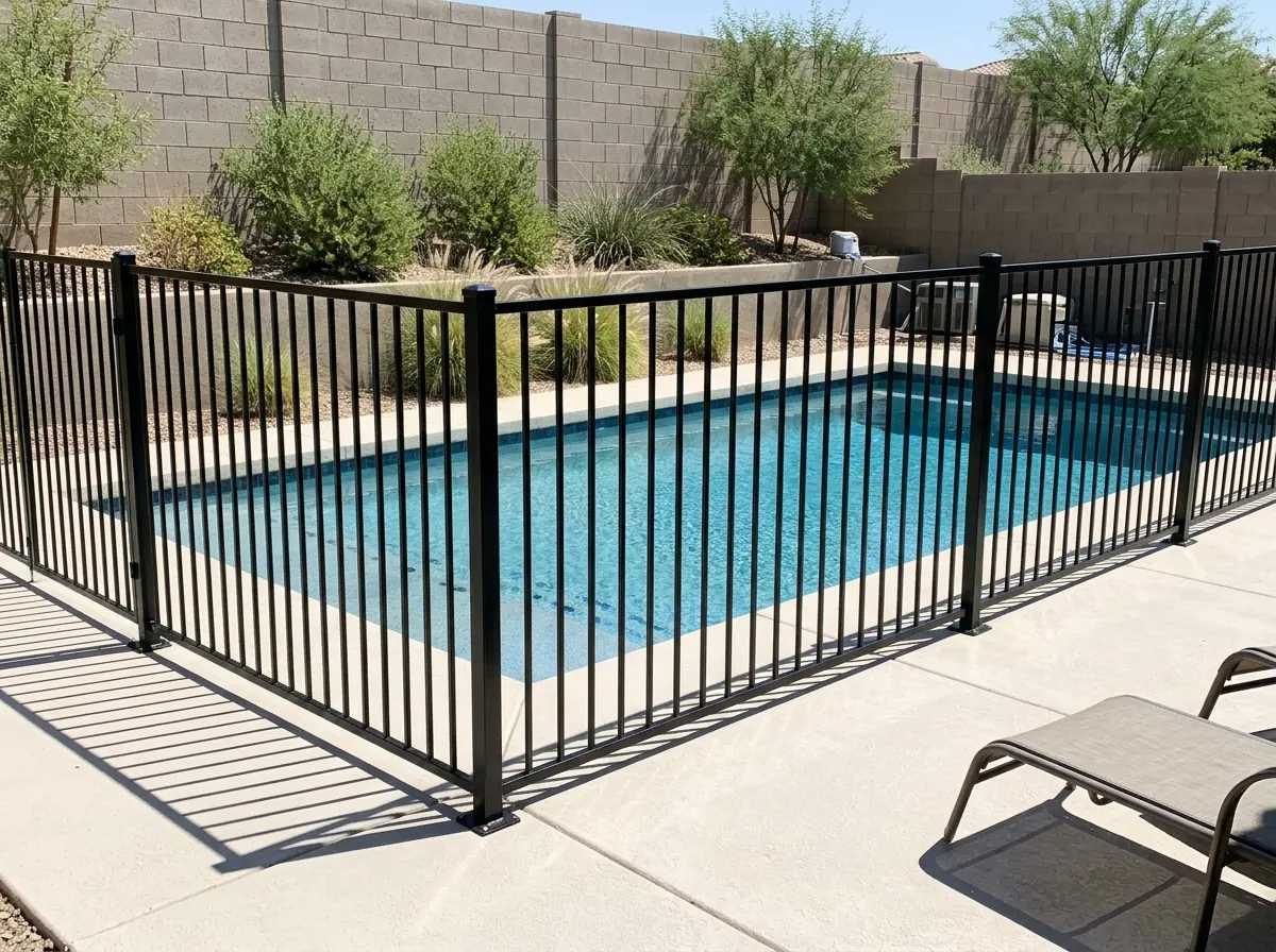 Black aluminum pool fence panels set into a concrete pool deck beside blue water