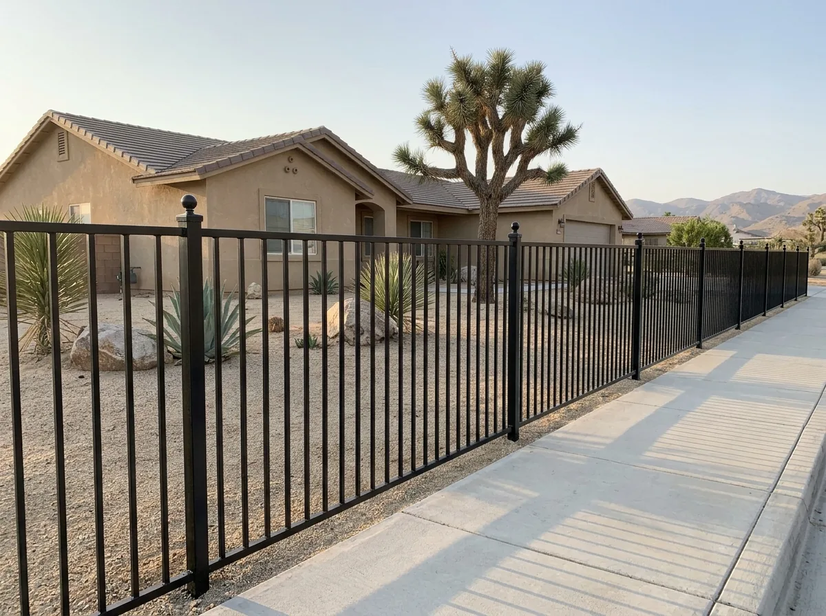 A black flat-top aluminum picket fence along a front yard with gravel and desert plants