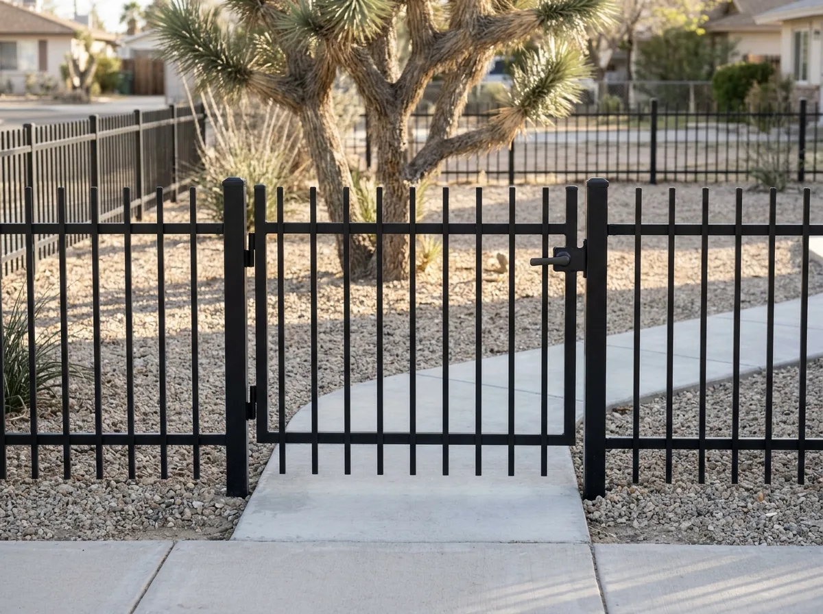 A black iron walk gate with a lever latch across a front path between steel posts