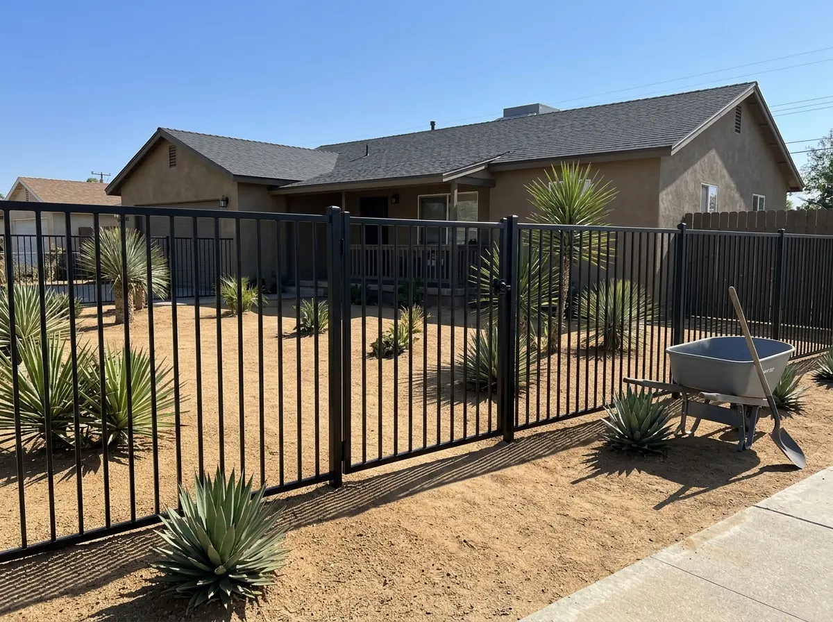 A black tubular steel fence and walk gate along a front yard with desert landscaping