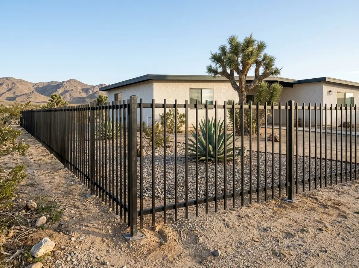 A black tubular steel picket fence with flat-top pickets around a gravel front yard