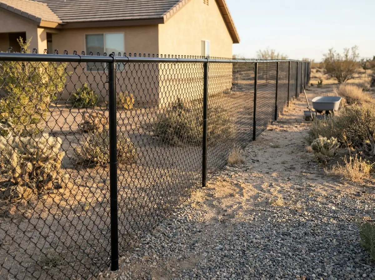 A black vinyl-coated chain link fence with black posts along a gravel yard