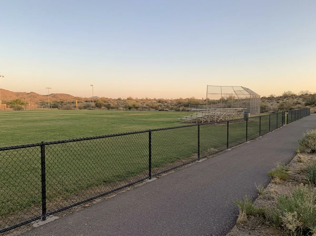 Black vinyl-coated chain link fencing around a grass sports field