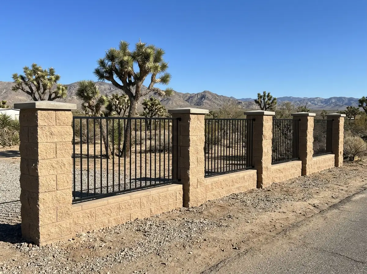 Block pilasters with black iron view panels between them on a low block base
