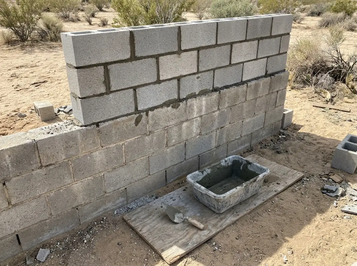 An older block wall with three new courses of block laid on top, mortar still fresh