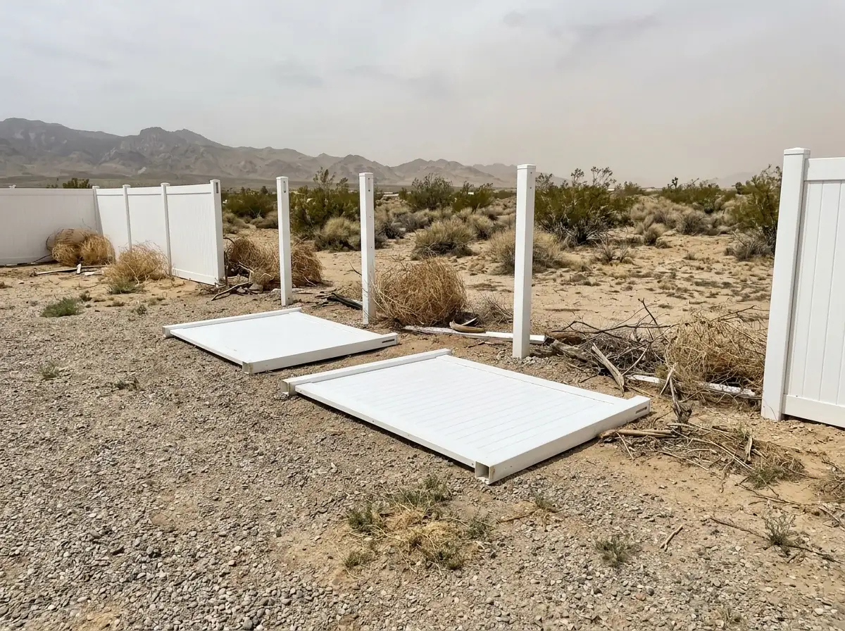 Two white vinyl privacy panels blown flat onto a gravel yard, posts still standing