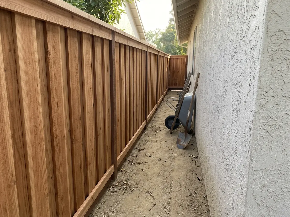 A redwood board-on-board fence with overlapping boards and a cap rail along a side yard
