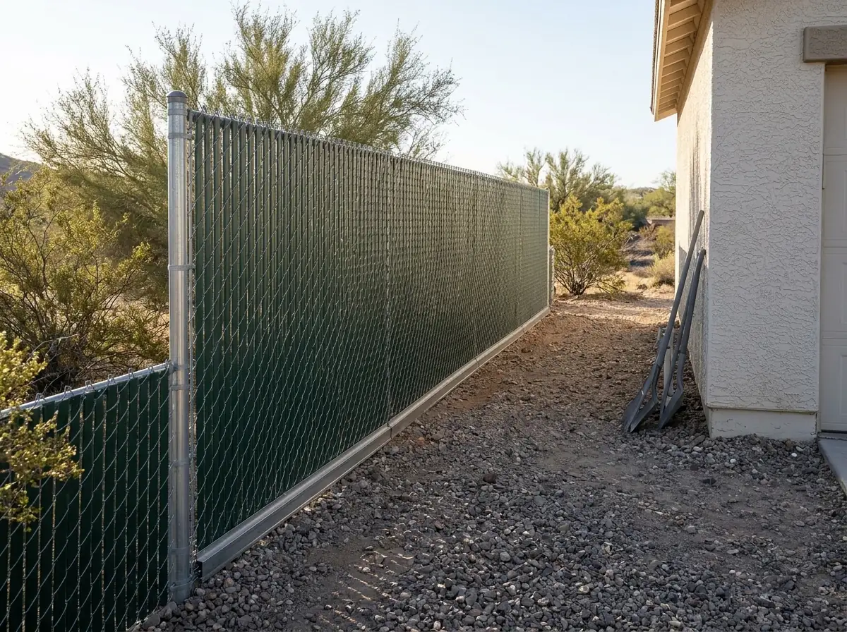 Green bottom-locking privacy slats in a galvanized chain link fence with a channel along the bottom