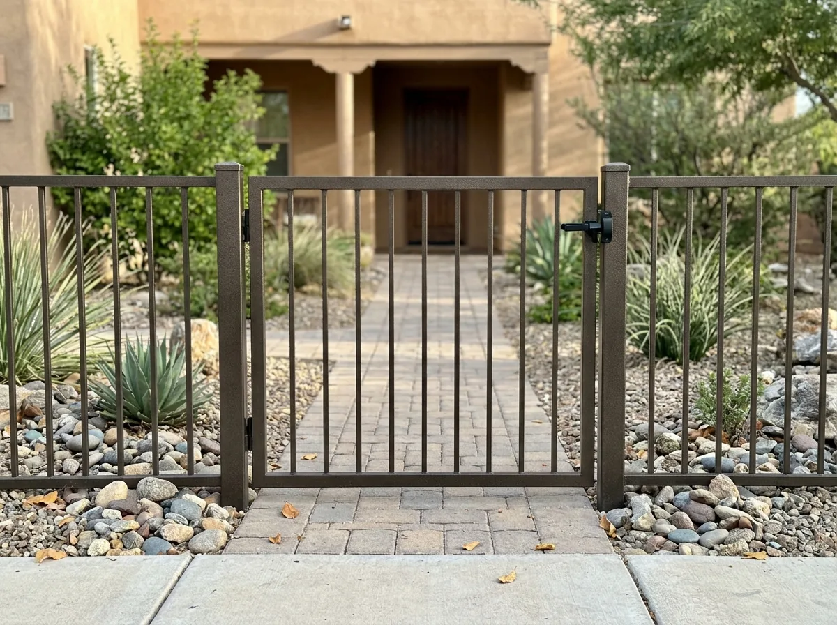 A bronze aluminum walk gate with a latch across a paved front path