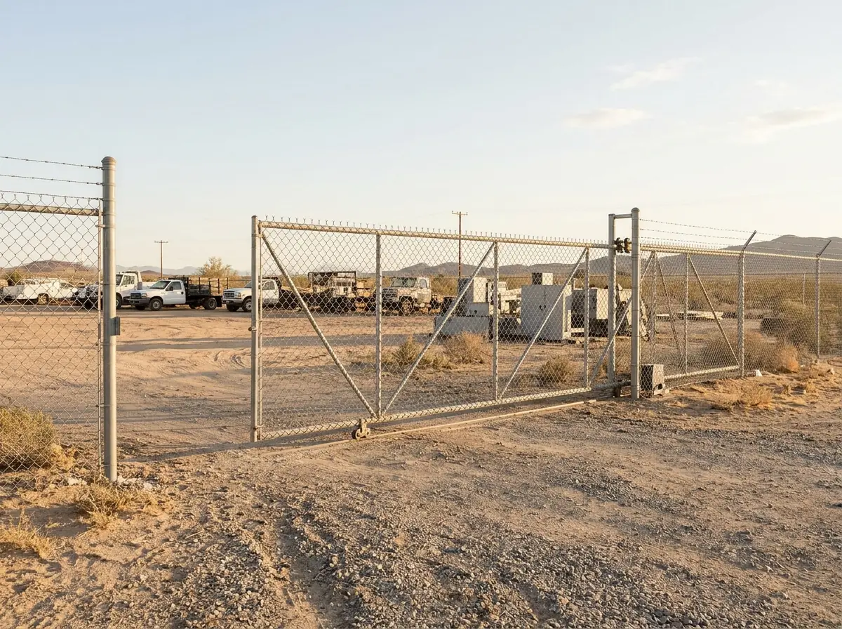 A wide galvanized cantilever slide gate partly open across a commercial yard entrance