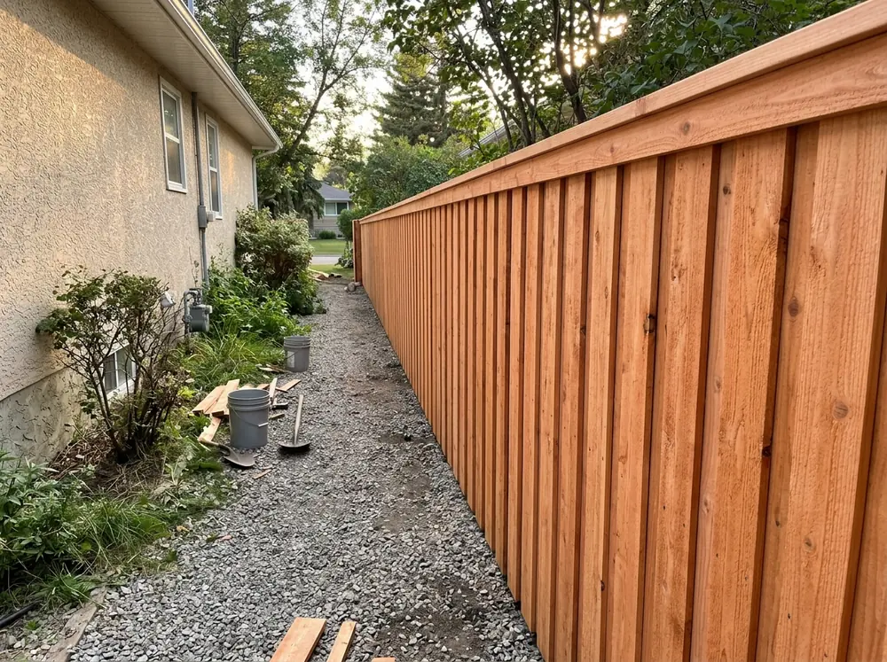 A new cedar board-on-board privacy fence with a cap rail along a side yard