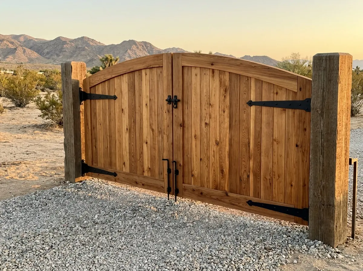 A cedar plank driveway gate with an arched top and black strap hinges