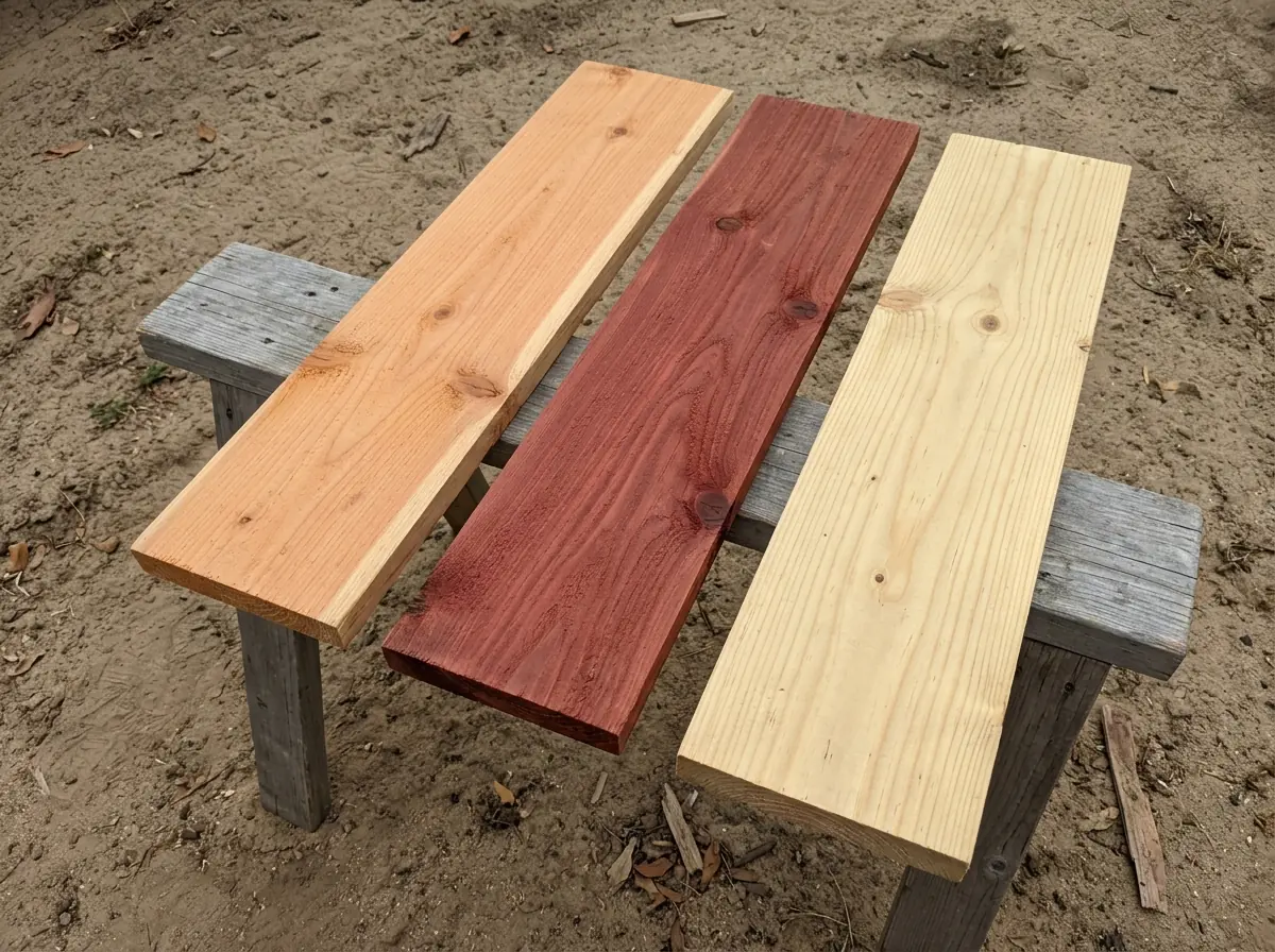 Cedar, redwood and pine fence boards laid side by side on sandy ground