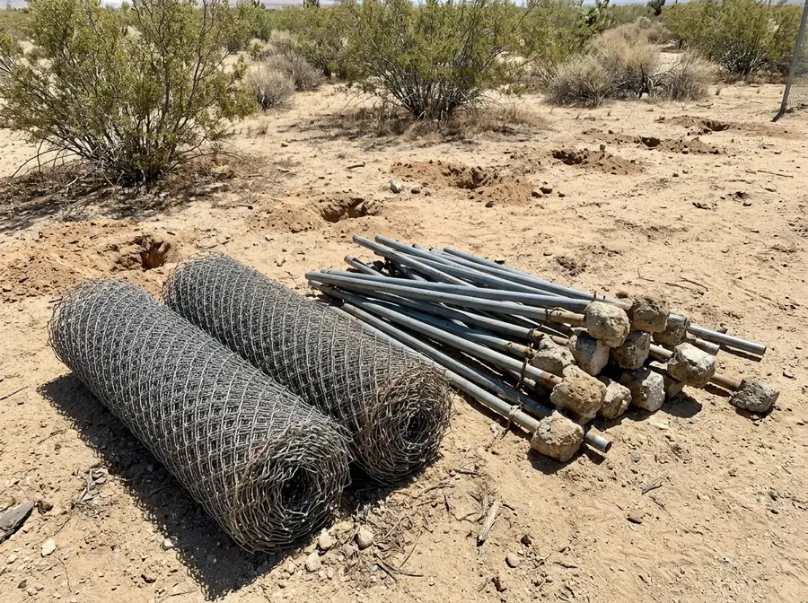 Rolled-up chain link mesh and a pile of pulled steel posts and rails on sandy ground
