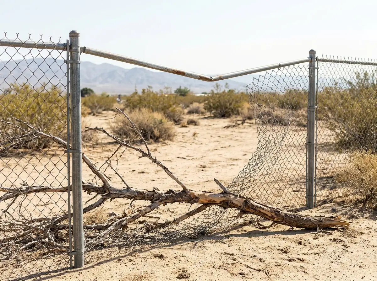 A chain link fence with a buckled top rail and mesh pulled loose from a post
