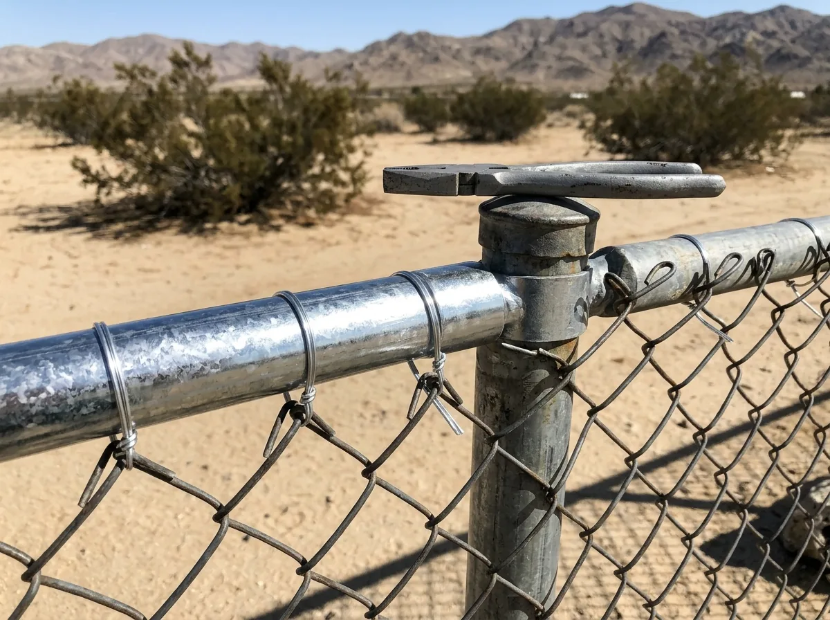 A new galvanized top rail joined to an older chain link fence with fresh wire ties
