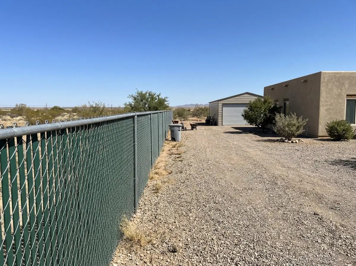 A galvanized chain link fence with green privacy slats along a gravel driveway