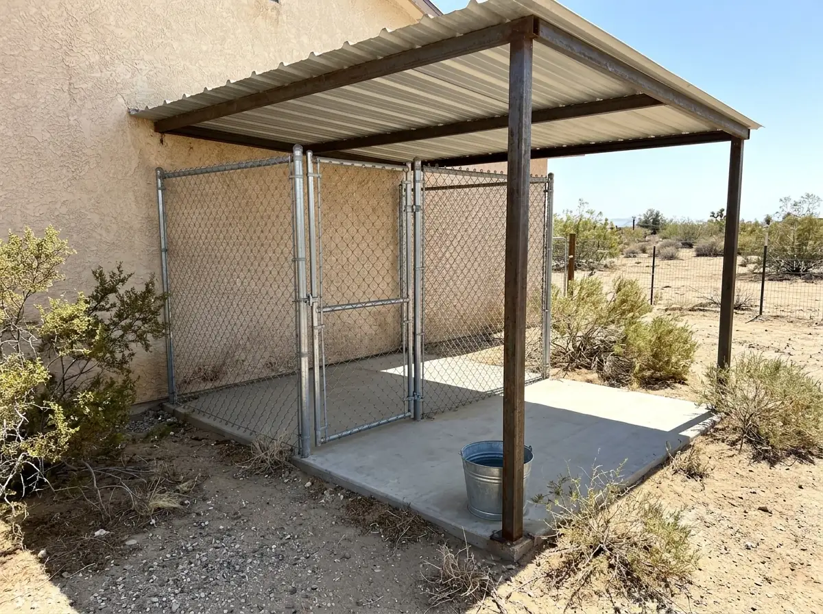 A chain link dog run with a corrugated metal roof casting shade over a concrete floor