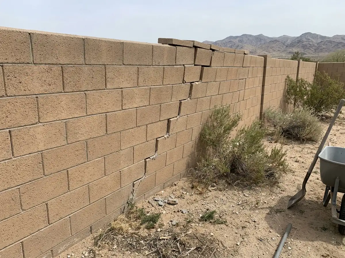 A section of concrete block wall leaning outward with a stepped crack through the mortar