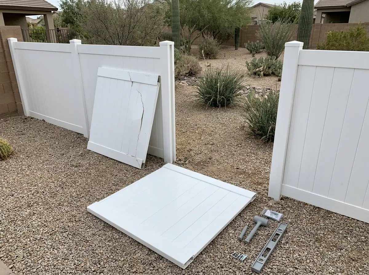 A cracked white vinyl fence panel lifted out of its posts next to a replacement panel