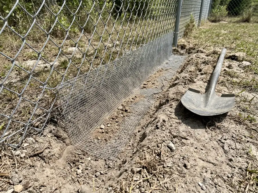 Hardware cloth bent in an L shape at the base of a chain link fence before it is covered