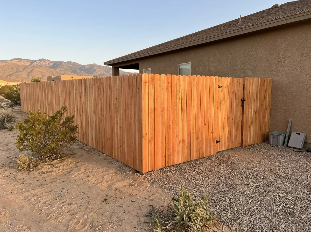 A six-foot dog-ear cedar privacy fence with a walk gate around a back yard