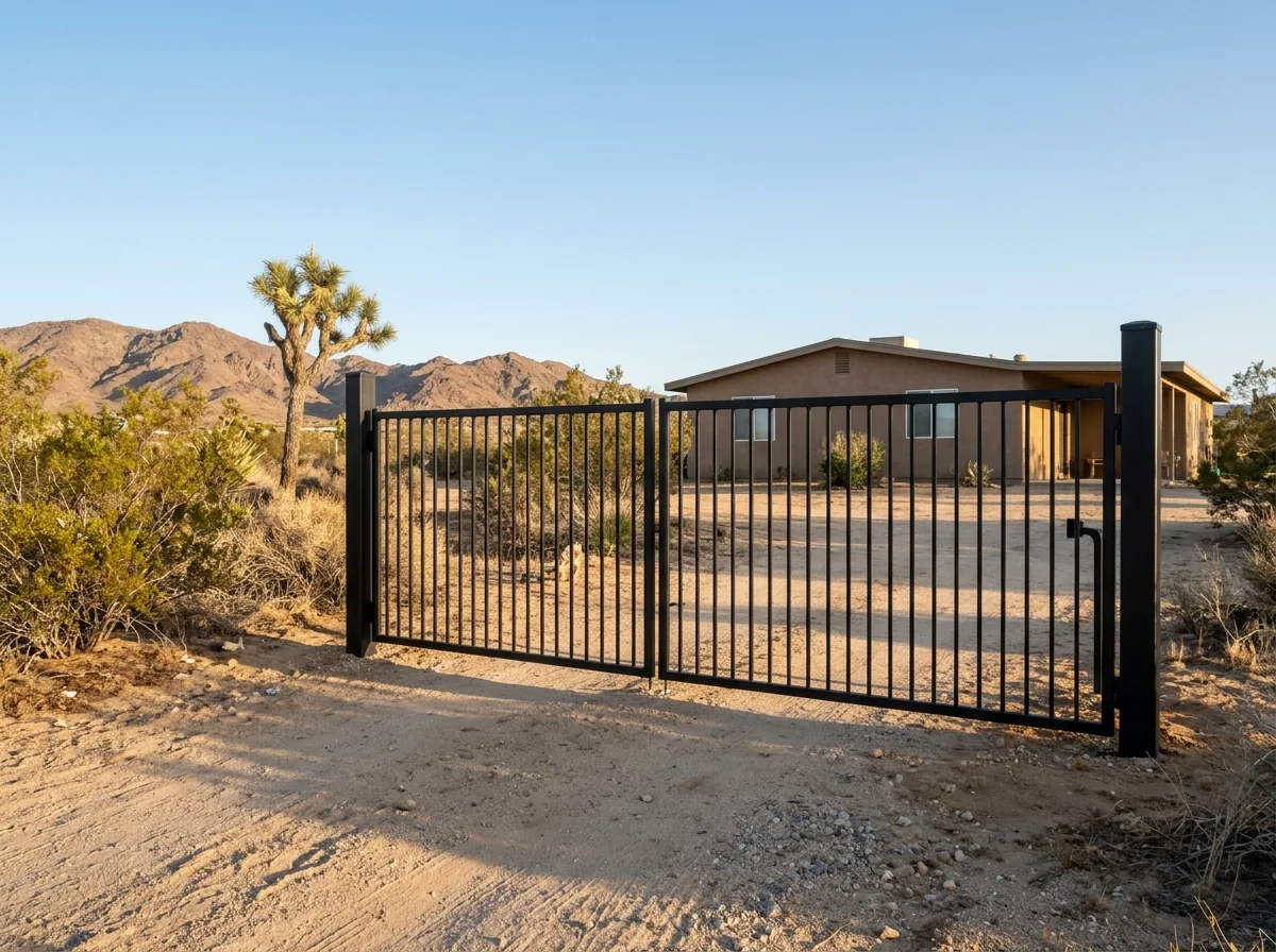 A closed black steel double swing driveway gate between two square posts in front of a ranch house