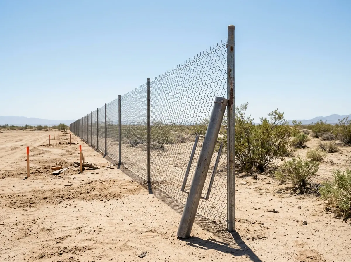 A construction fence of chain link on steel posts driven into a sandy lot