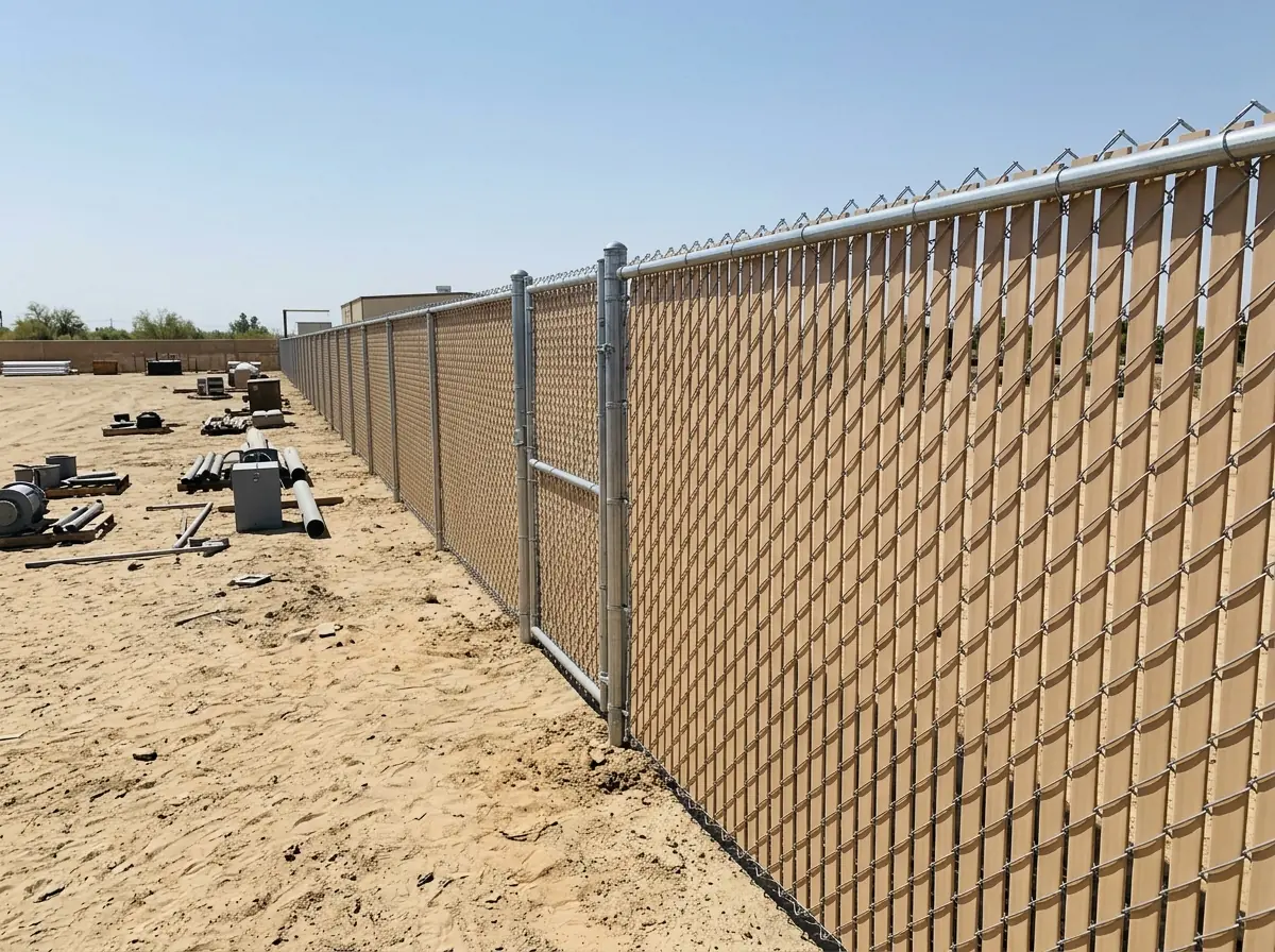 A tan chain link fence with slats woven in at the factory, almost fully opaque