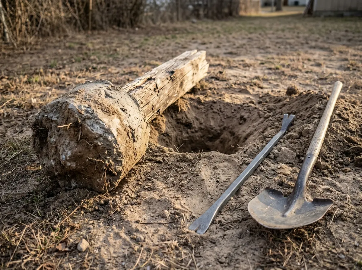 A fence post with its bell-shaped concrete footing lifted out of the ground beside an open hole