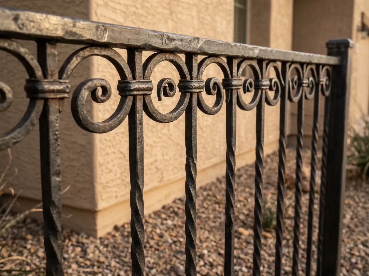 A hand-forged iron fence section with twisted pickets and scrollwork near the top rail