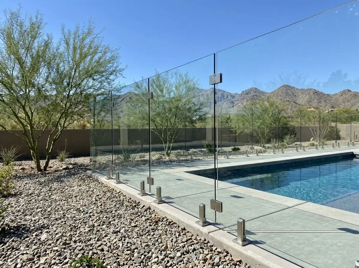 Frameless glass pool fence panels held by metal clamps along the edge of a pool deck