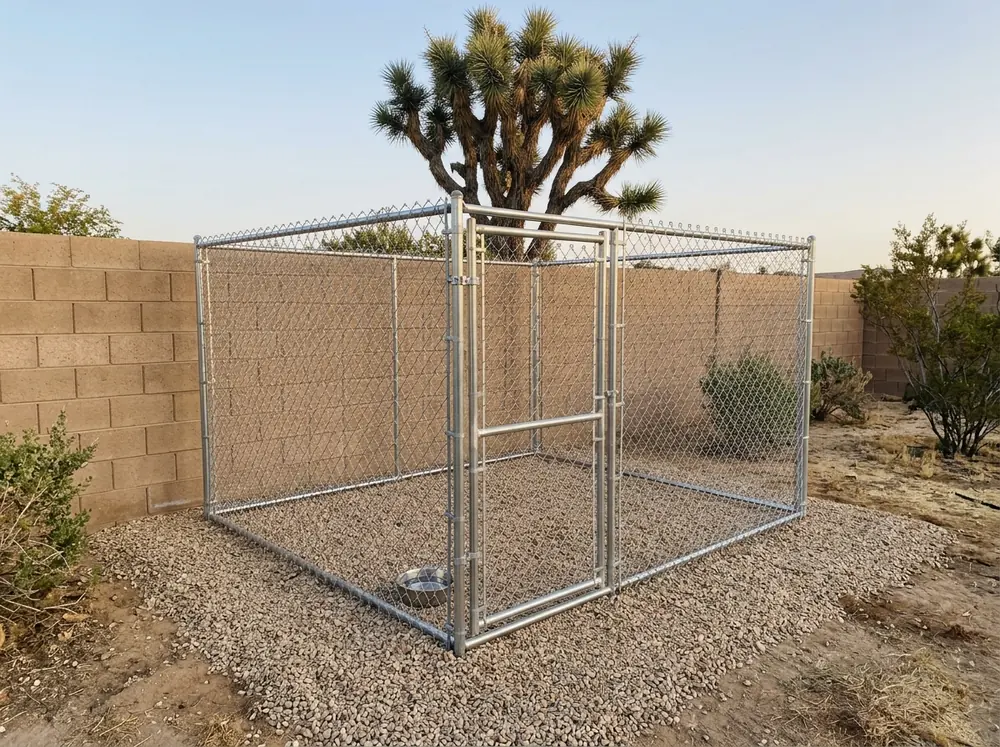 A galvanized chain link dog kennel built from panels with a gate, set on a gravel pad