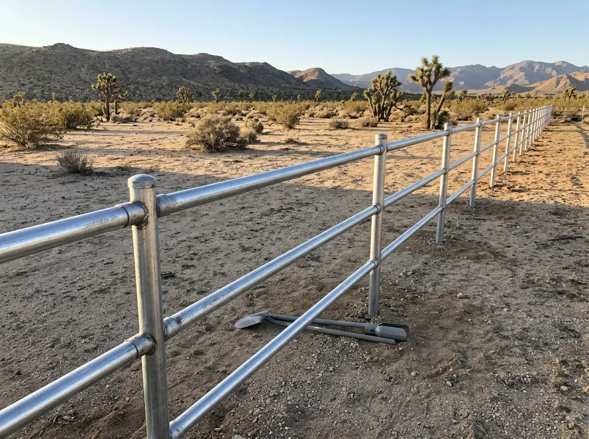A three-rail galvanized steel pipe fence running across a sandy pasture with mountains in the distance