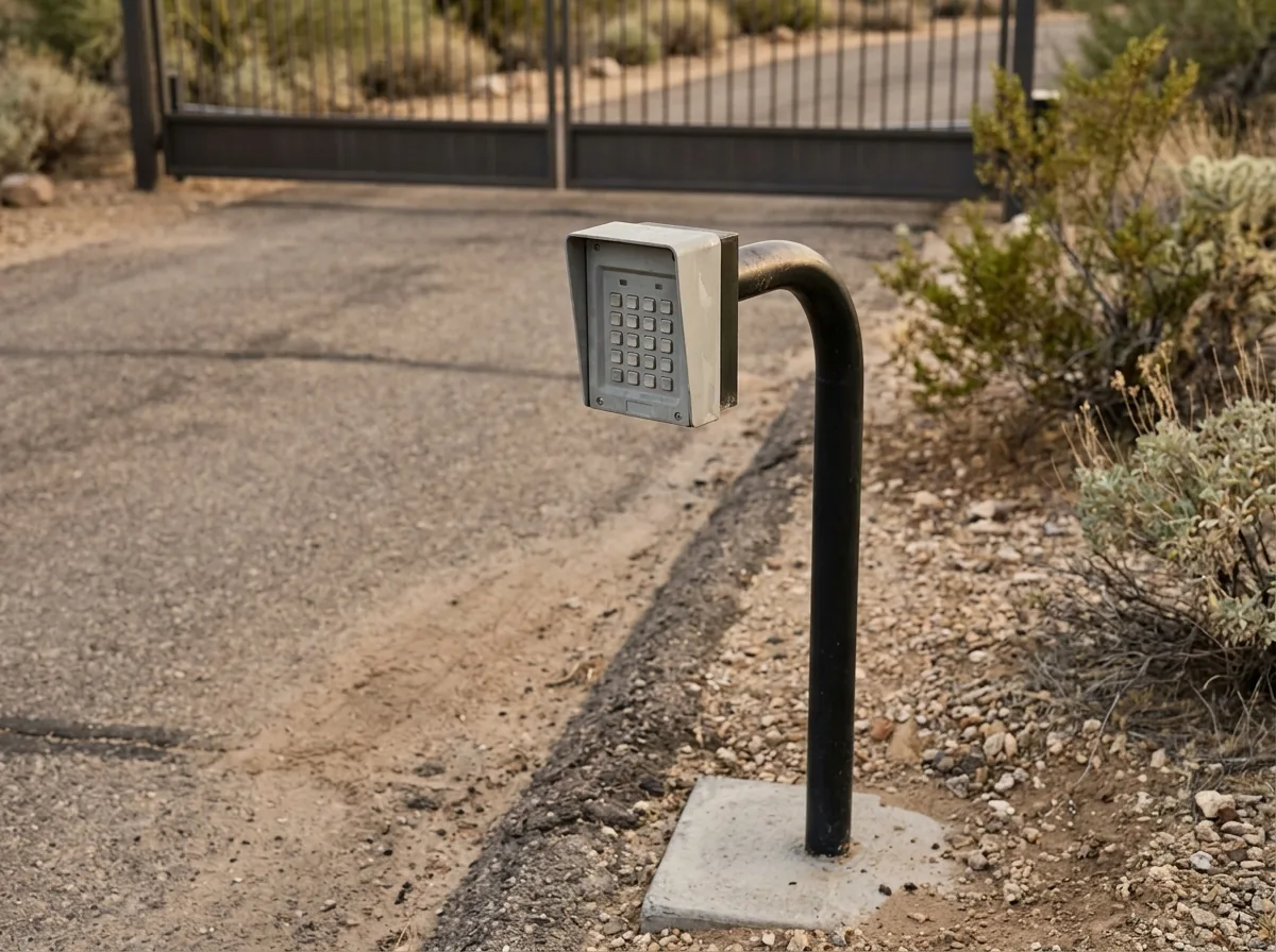 A weatherproof keypad on a gooseneck post at driver's-window height beside a driveway gate