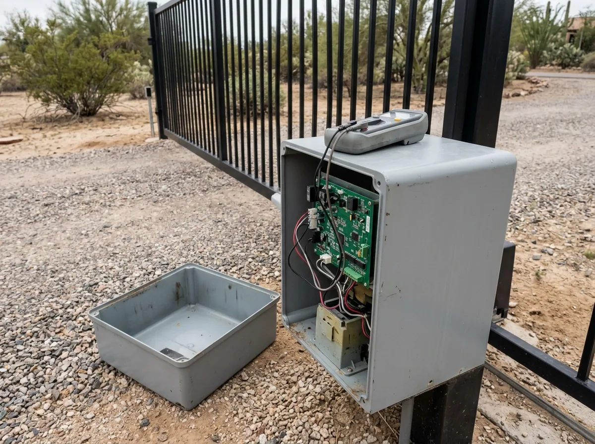 A gate operator with its cover off showing the control board beside an open driveway gate