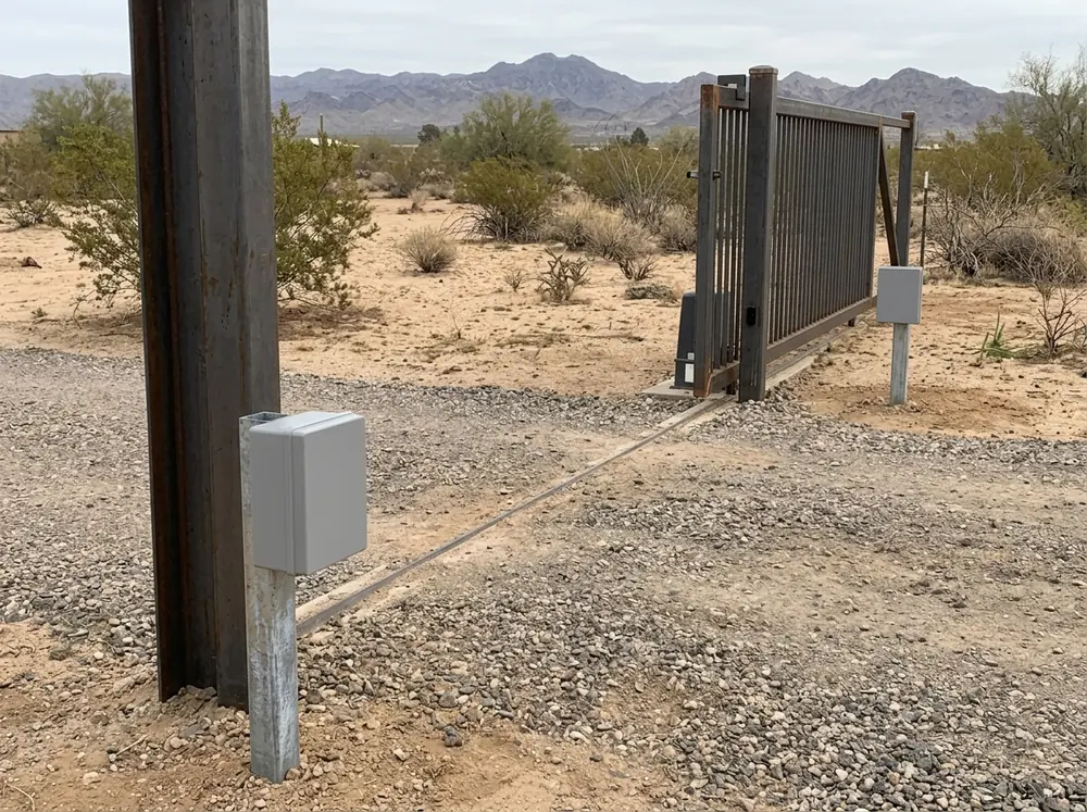 A small safety sensor mounted on a short post across the opening of an automated gate