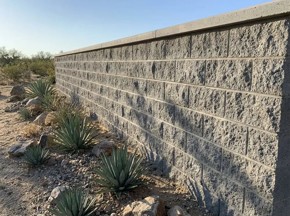 A gray split-face concrete block wall with a smooth precast cap behind a desert garden
