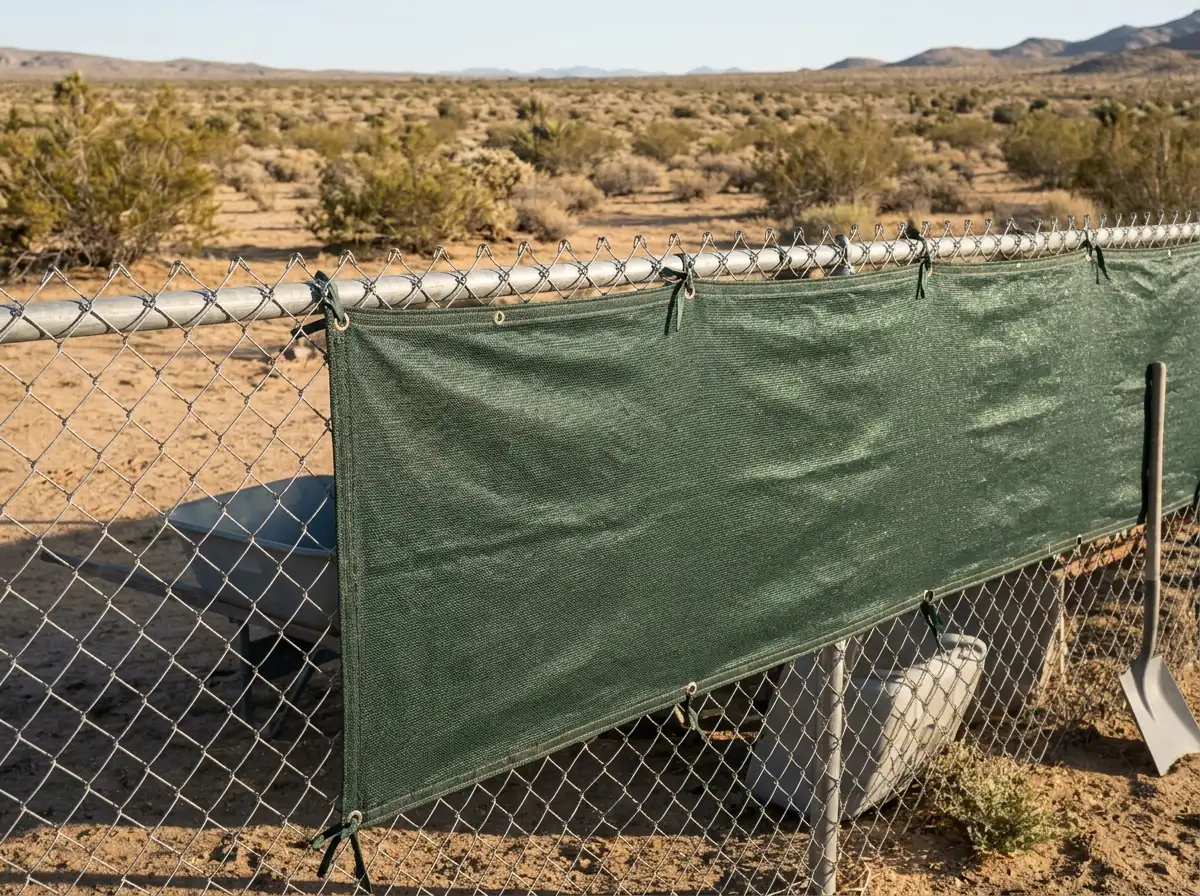 Dark green windscreen mesh fabric tied to a chain link fence around a yard