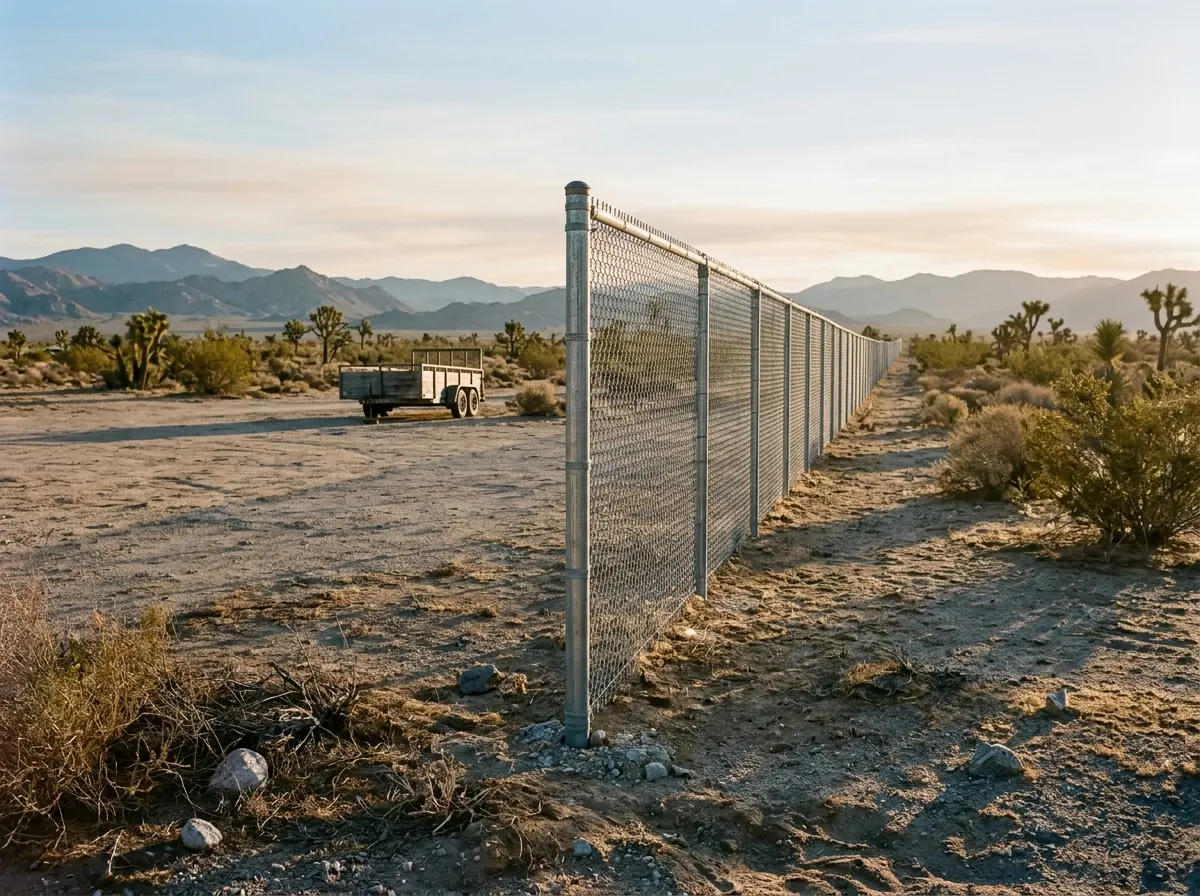A tall heavy-gauge chain link perimeter fence along a large open lot