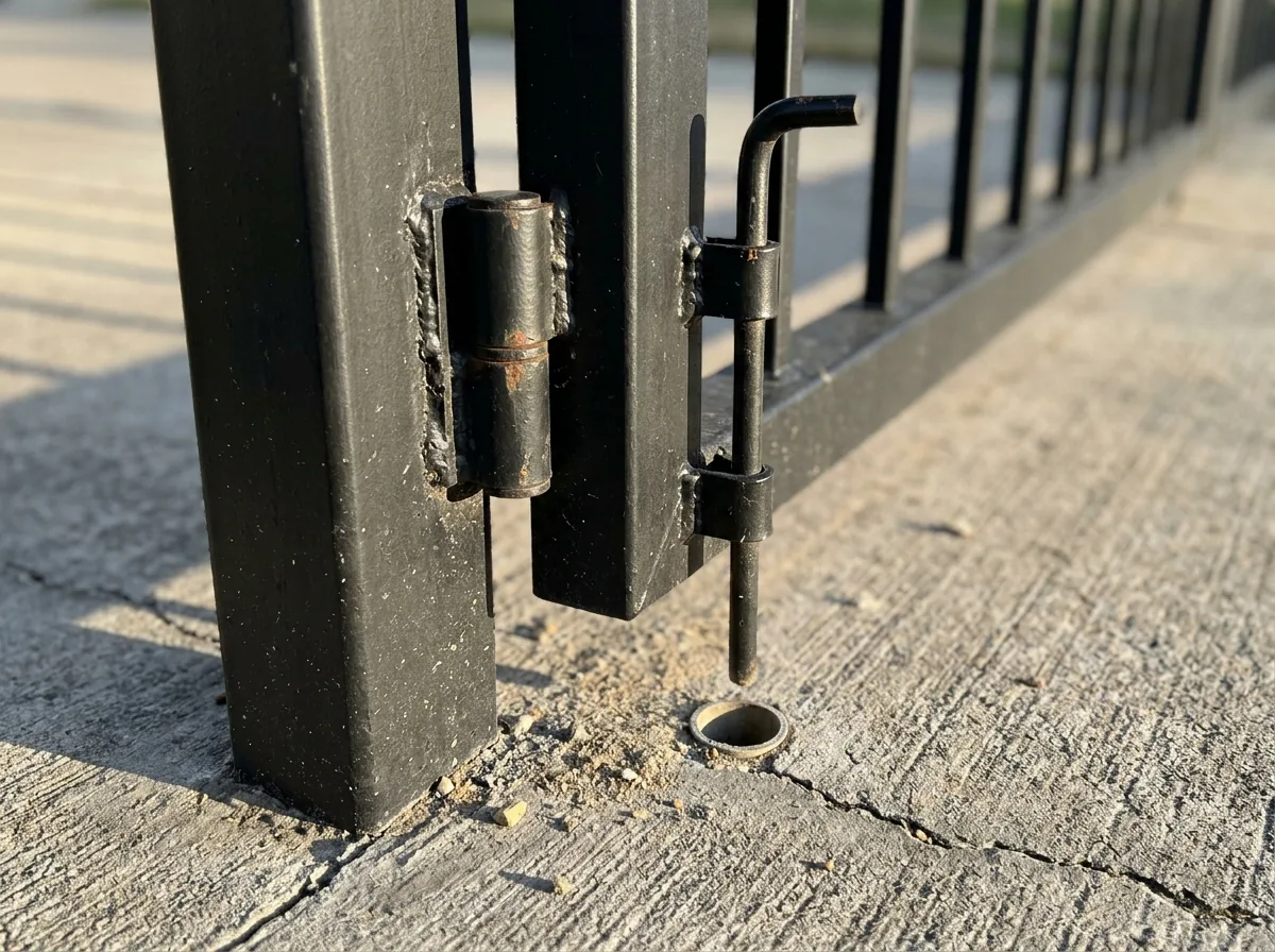 Close view of a heavy barrel hinge and a drop rod on a black steel double gate
