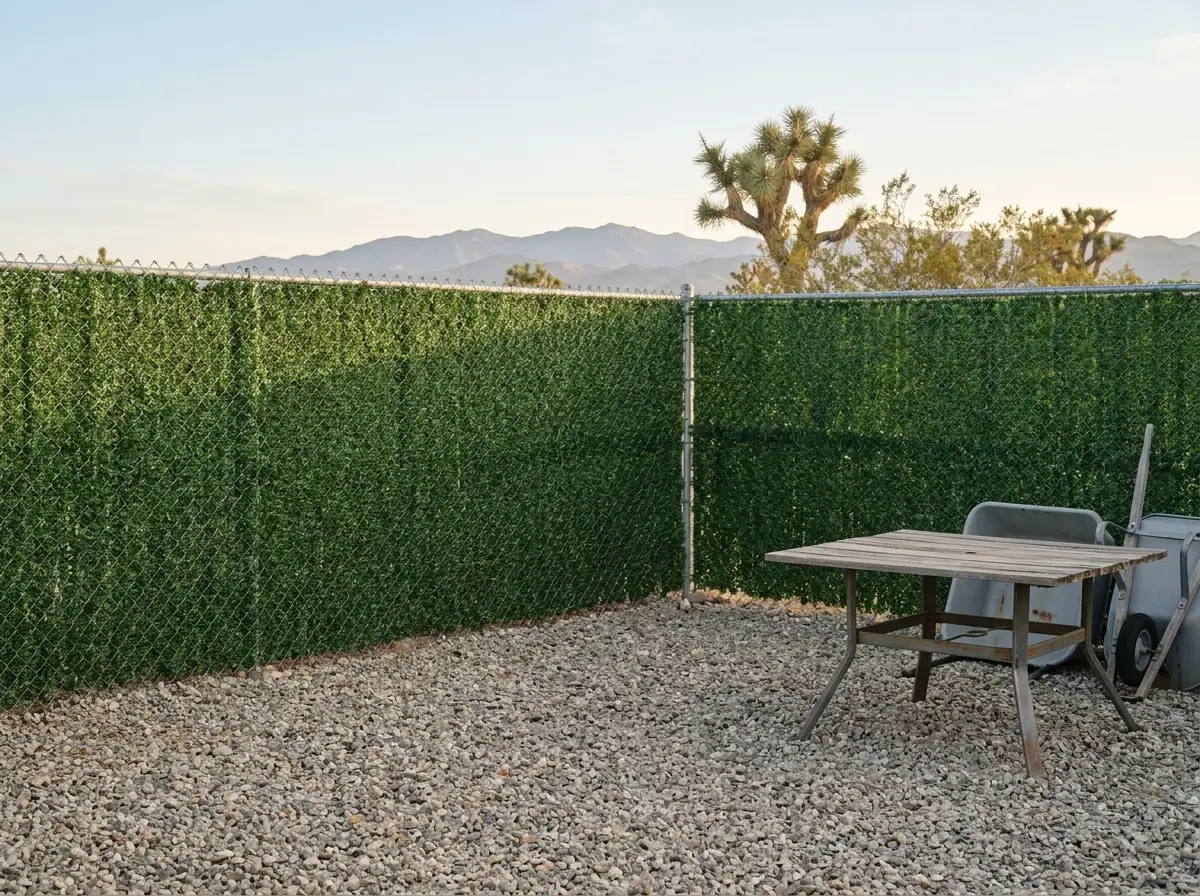 Chain link fence filled with green artificial hedge slats that look like a trimmed hedge