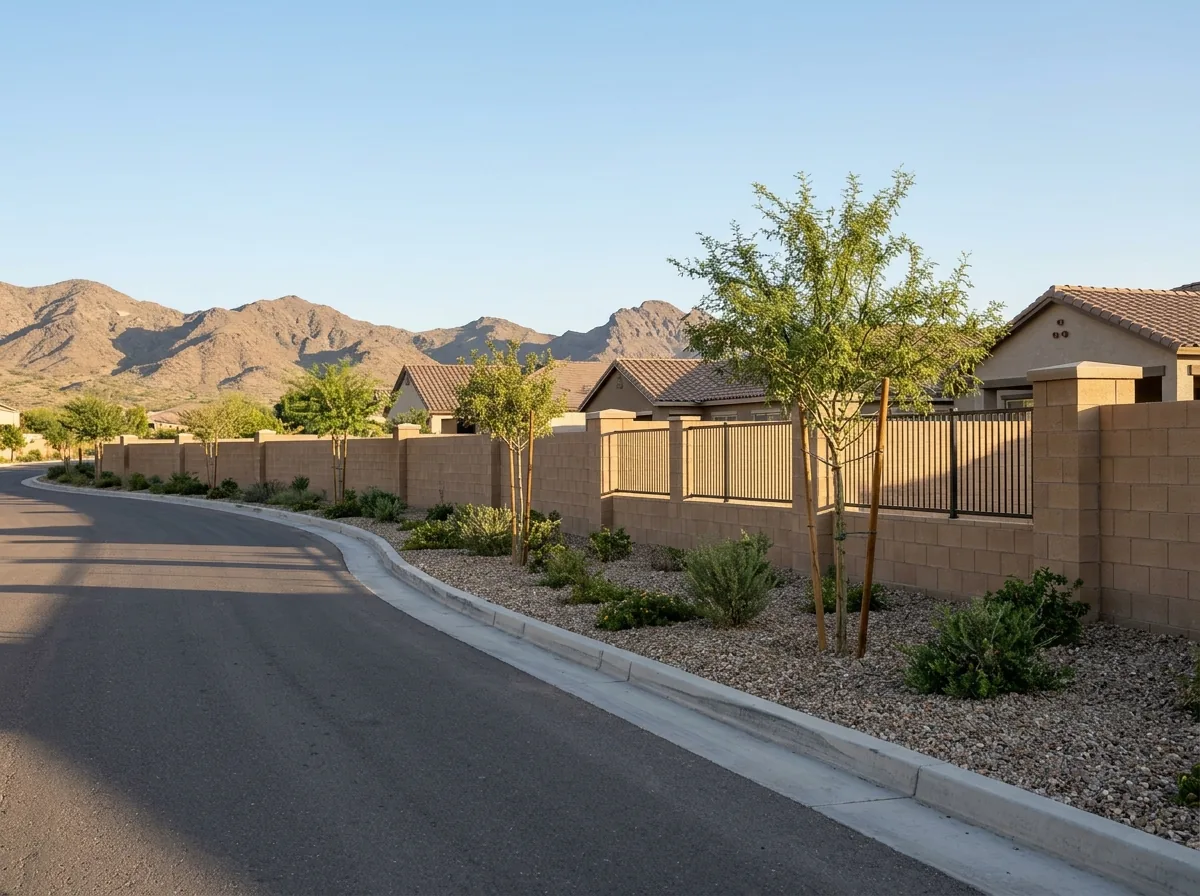 A long tan block perimeter wall with black iron panels along a residential community entrance