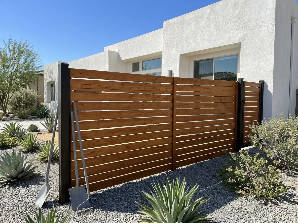 A horizontal slat wood fence with narrow gaps in front of a modern stucco home