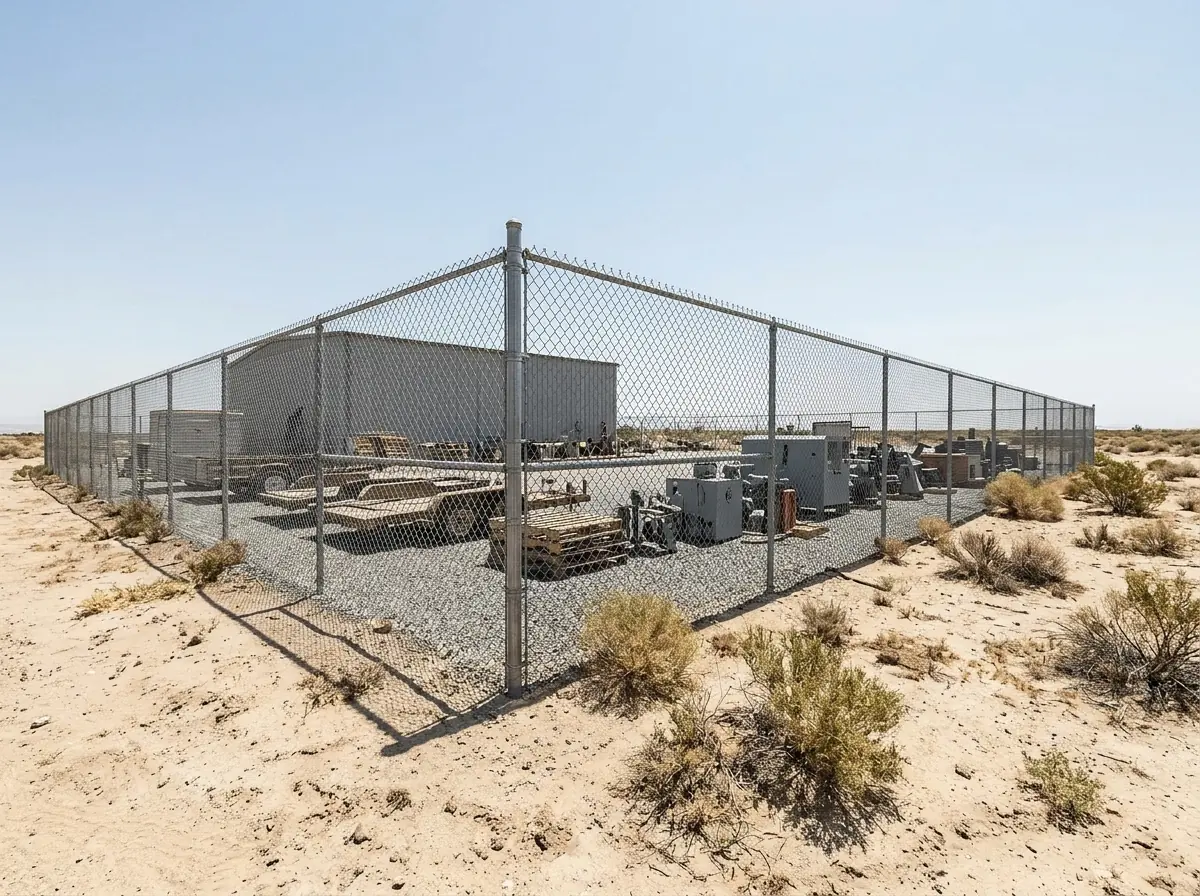 A tall galvanized chain link fence around a gravel equipment yard behind a metal building